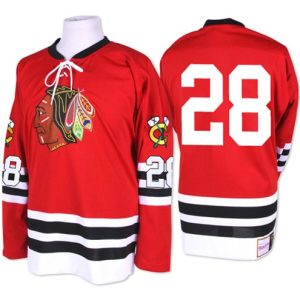 Boern-NHL-Chicago-Blackhawks-Ishockey-Troeje-Steve-Larmer-28-Premier-1960-61-Throwback-Roed-Mitchell-and-Ness