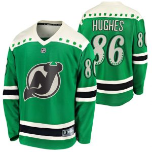 Maend-NHL-New-Jersey-Devils-Troeje-jack-hughes-86-2021-St-Patricks-Day-Groen-Breakaway